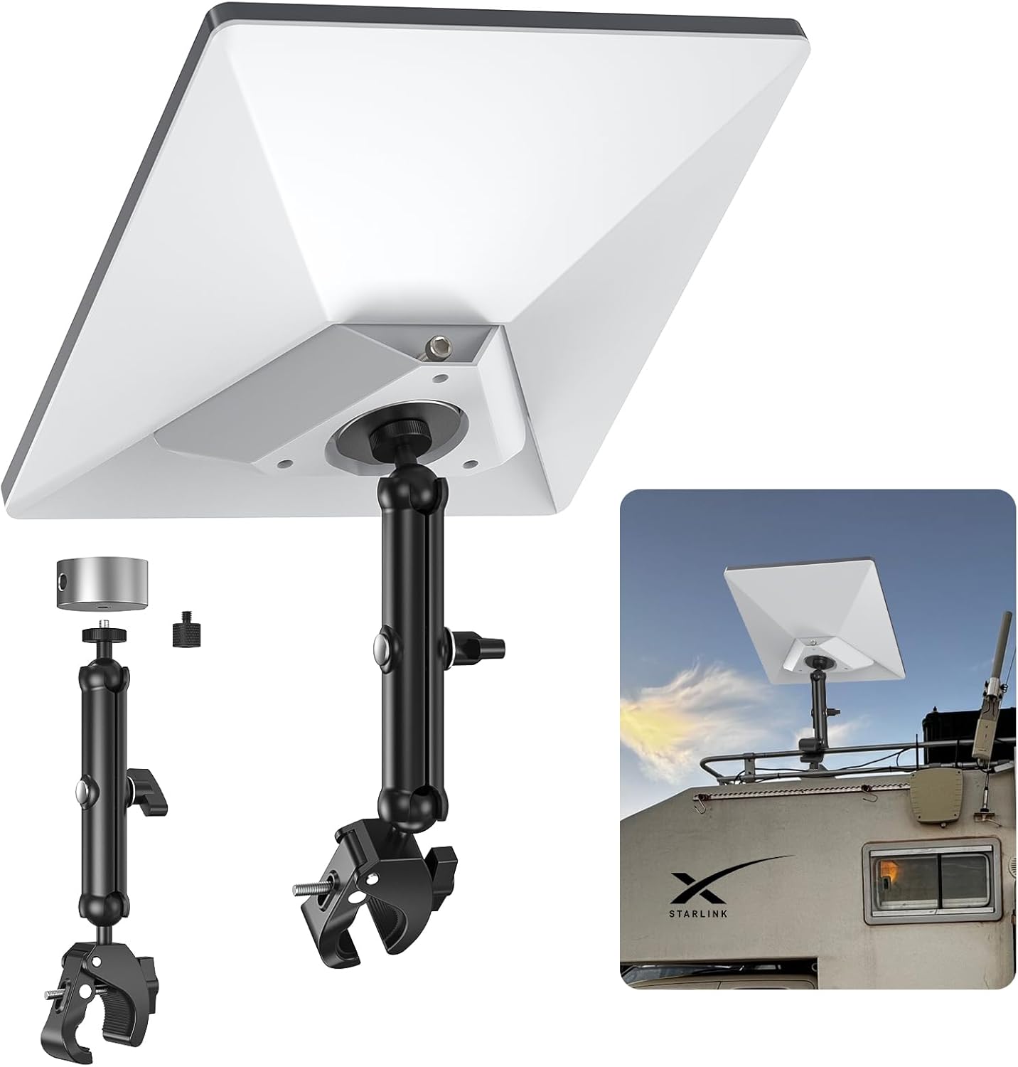 XLTTYWL 2025 Starlink Mini Pole Mount Kit, Aluminum Mini Starlink Tripod Adapter with 1/4"-20 & 3/8"-16 Thread and Adjustable Clamp Bracket for Star Link Mini Dishy RV, Camper, Roof Rack, Balcony