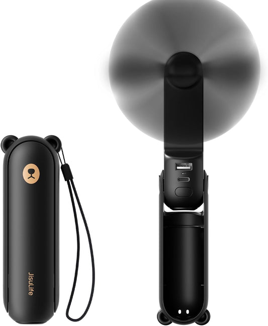 JISULIFE Handheld Mini Fan, 3 IN 1 USB Rechargeable Portable Fan [12-19 Working Hours] with Power Bank, Flashlight, Pocket Design for Travel/Summer/Concerts/Lash, Gifts for Women (Black)