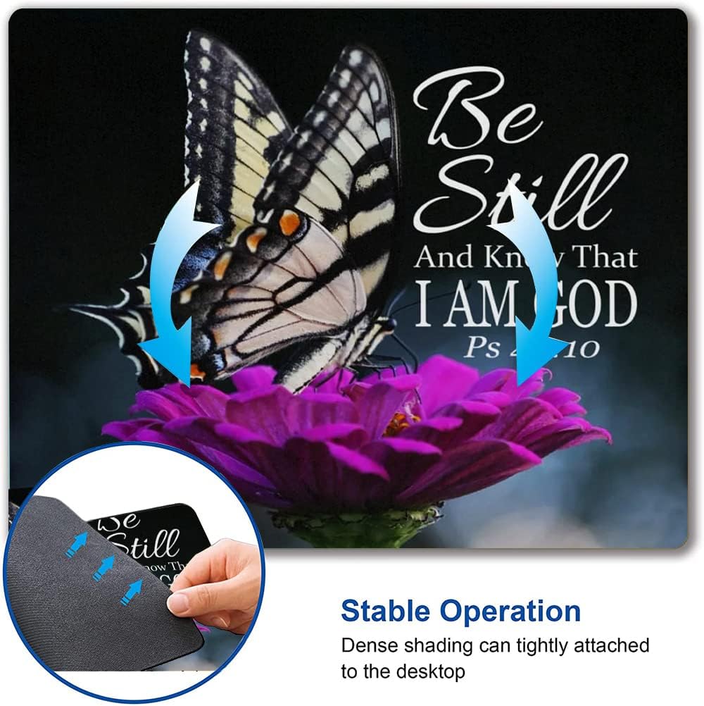 Hokafenle Mouse Pad, Butterfly Mouse Pad with Inspirational Quote Design, Square Waterproof Cloth Mouse Mat Non-Slip Rubber Base Computer MousePads for Office Laptop, Psalm 46:10