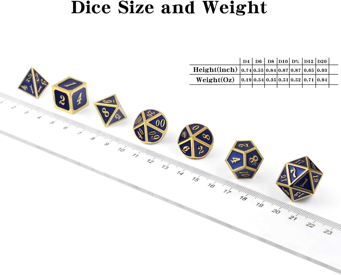 DnDnD Heavy Polyhedral Metal Dice Set with Metal Box, 7-die Shiny Blue Surface with Golden Number for RPG,Dungeons and Dragons,Pathfinder,Shadowrun,D&D,Role Palying Game and Math Teaching