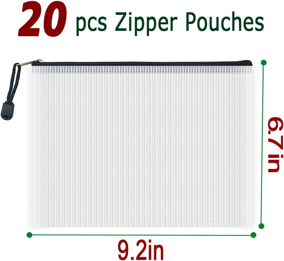 AUSTARK 20 Pcs Zipper File Bags, Plastic Mesh Pouch, Board Game Storage Bag, Waterproof Bags for Office School (A5 Size 9.2''x6.7'', White and Black)
