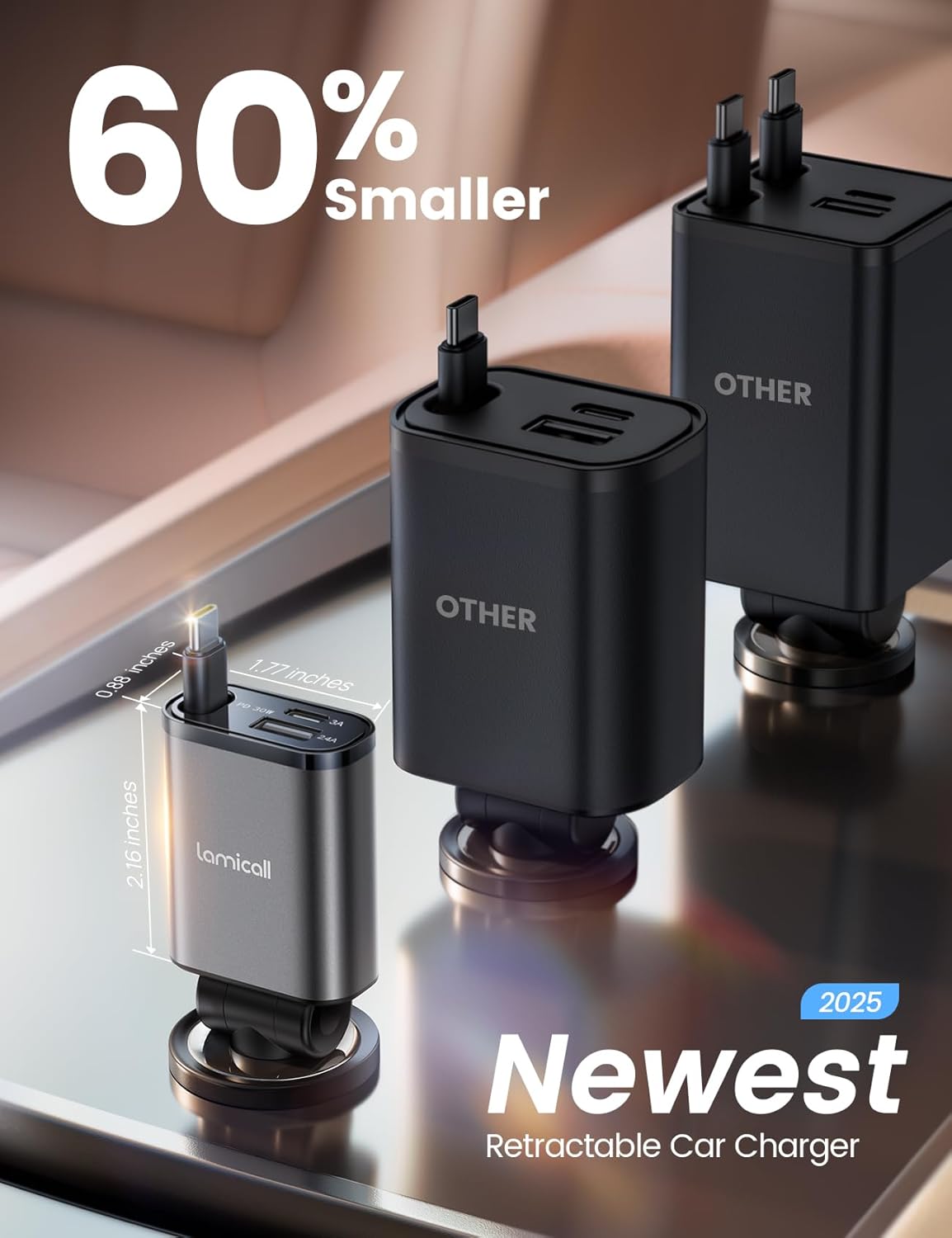 Lamicall Retractable Car Charger USB C Fast Charging 57W Type C Car Phone Charger fit iPhone 16 16e 15 Pro Max Plus Samsung Galaxy S25 S24 Ultra Pixel Android PT-47-Black