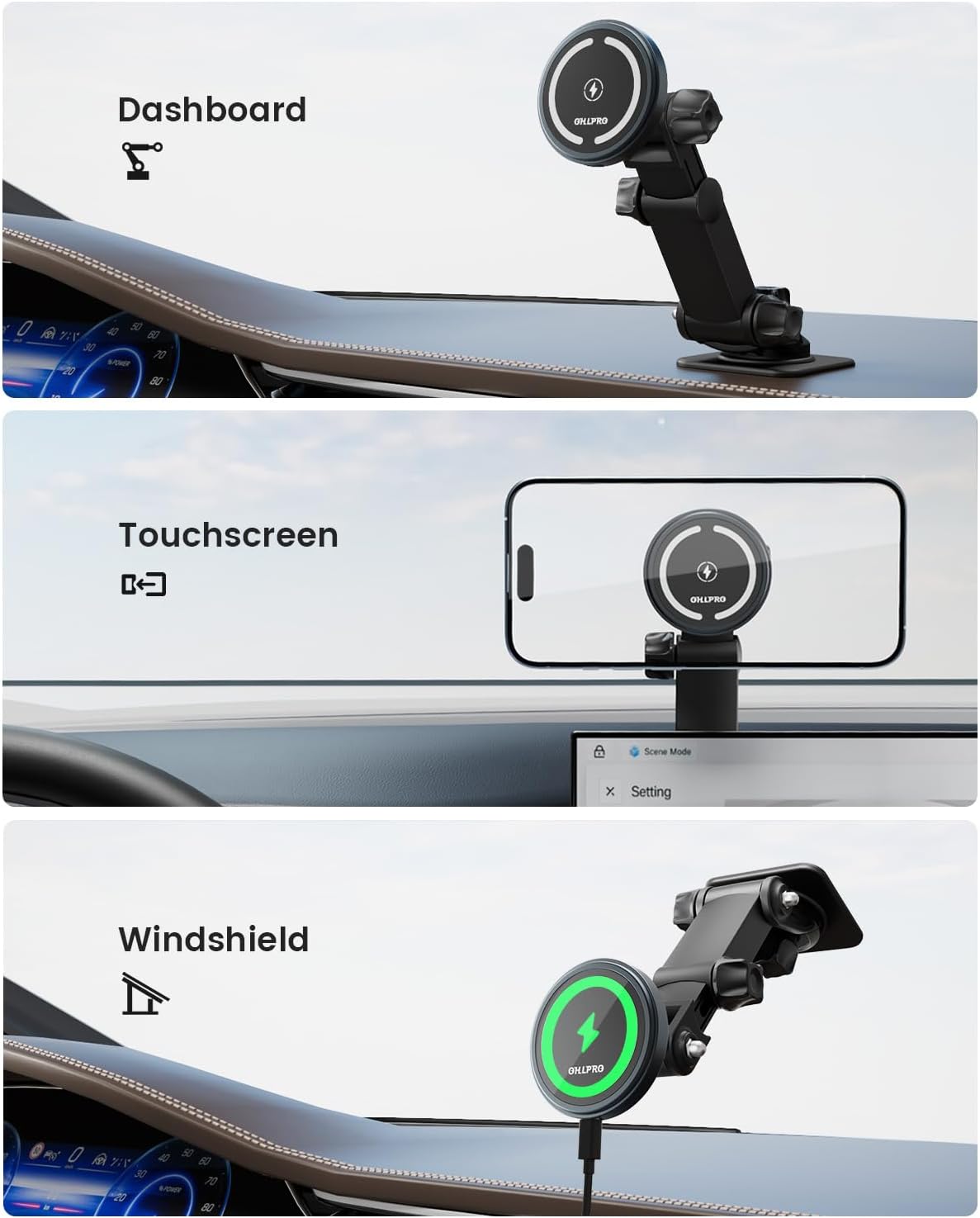 OHLPRO for MagSafe Car Charger Mount for iPhone 16 15 14 13 Pro Max, 15W Fast Charging Phone Holder, Magnetic Car Accessories, 360° Rotation, Adhesive Base for Tesla, Gift for Men Women