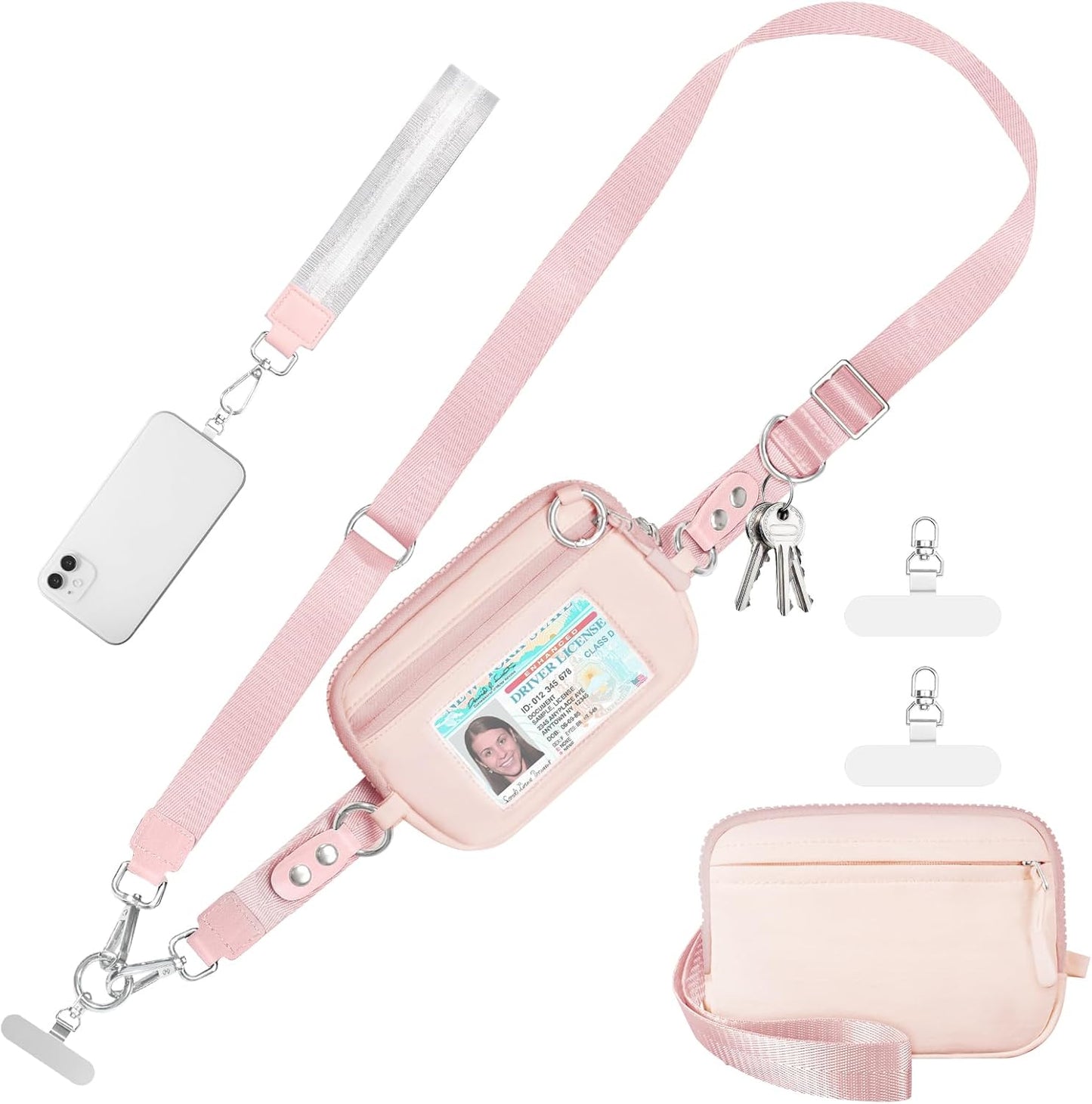 Clip and Go Strap for Phone with Wallet Crossbody Phone Lanyard Adjustable and Detachable RFID Wristlet Wallet with ID Window and Zipper, Pink