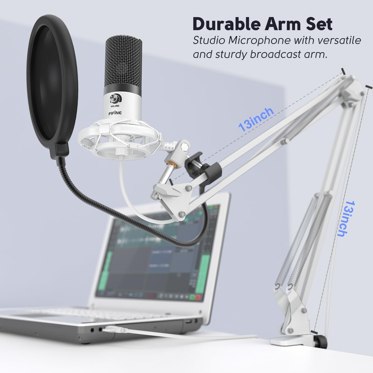 FIFINE USB Recording Microphone Kit, Studio Condenser Microphone for Vocals Music Creation, Voice-Over, Singing with Metal Boom Arm, 16mm Diaphragm, Podcast Mic Set-T669 White