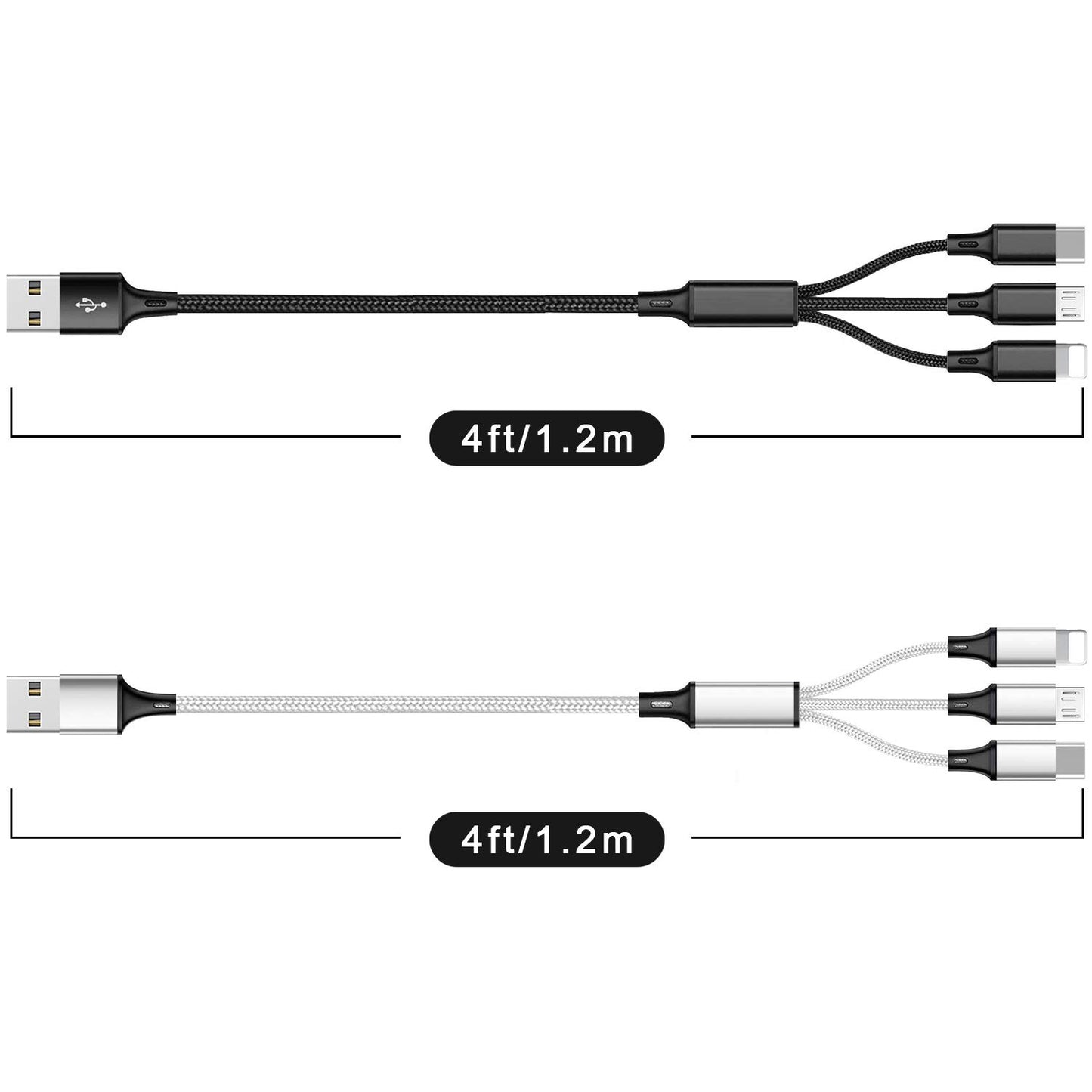 Multi USB Charging Cable 3A, 3 in 1 Fast Charger Cord Connector with Dual Phone/Type C/Micro USB Port Adapter, Compatible with Tablets Phone 12 11 Pro 8 7 6 Samsung Galaxy (4FT/2Pack Charging Only)