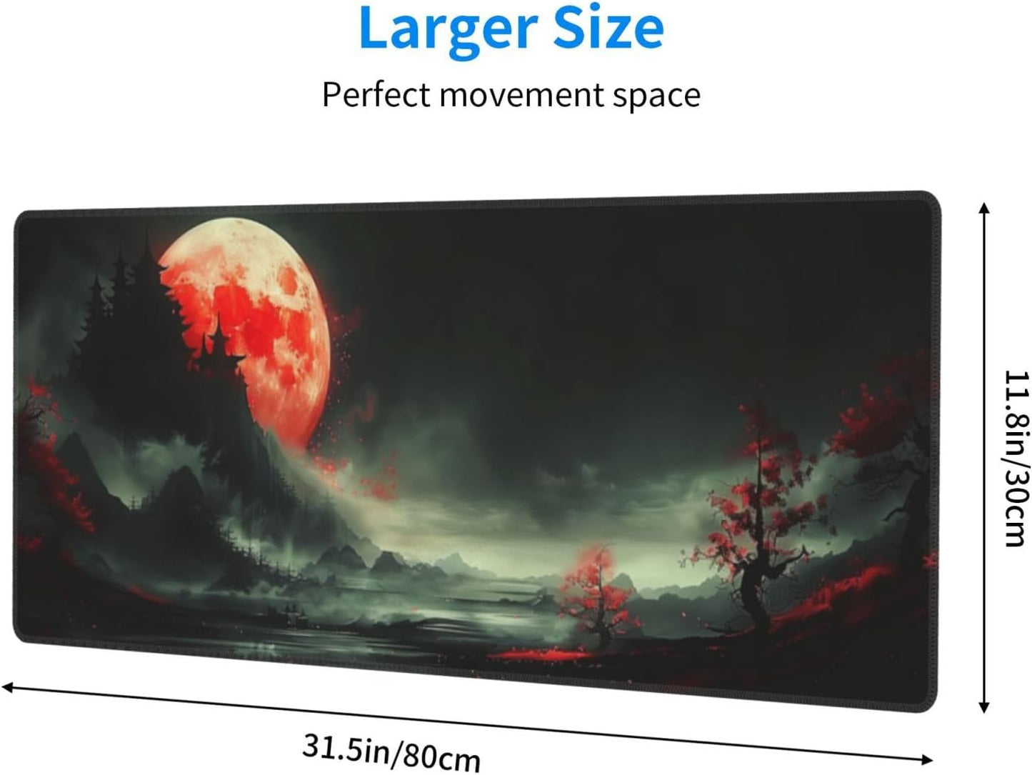Extended Gaming Mouse Pad, Large Desk Mat XL Anime Mouse Pad Waterproof with Stitched Edges, Non-Slip Desktop Pad for Home and Office, Level Up Your 31.5x11.8 Inch (Red Moon)