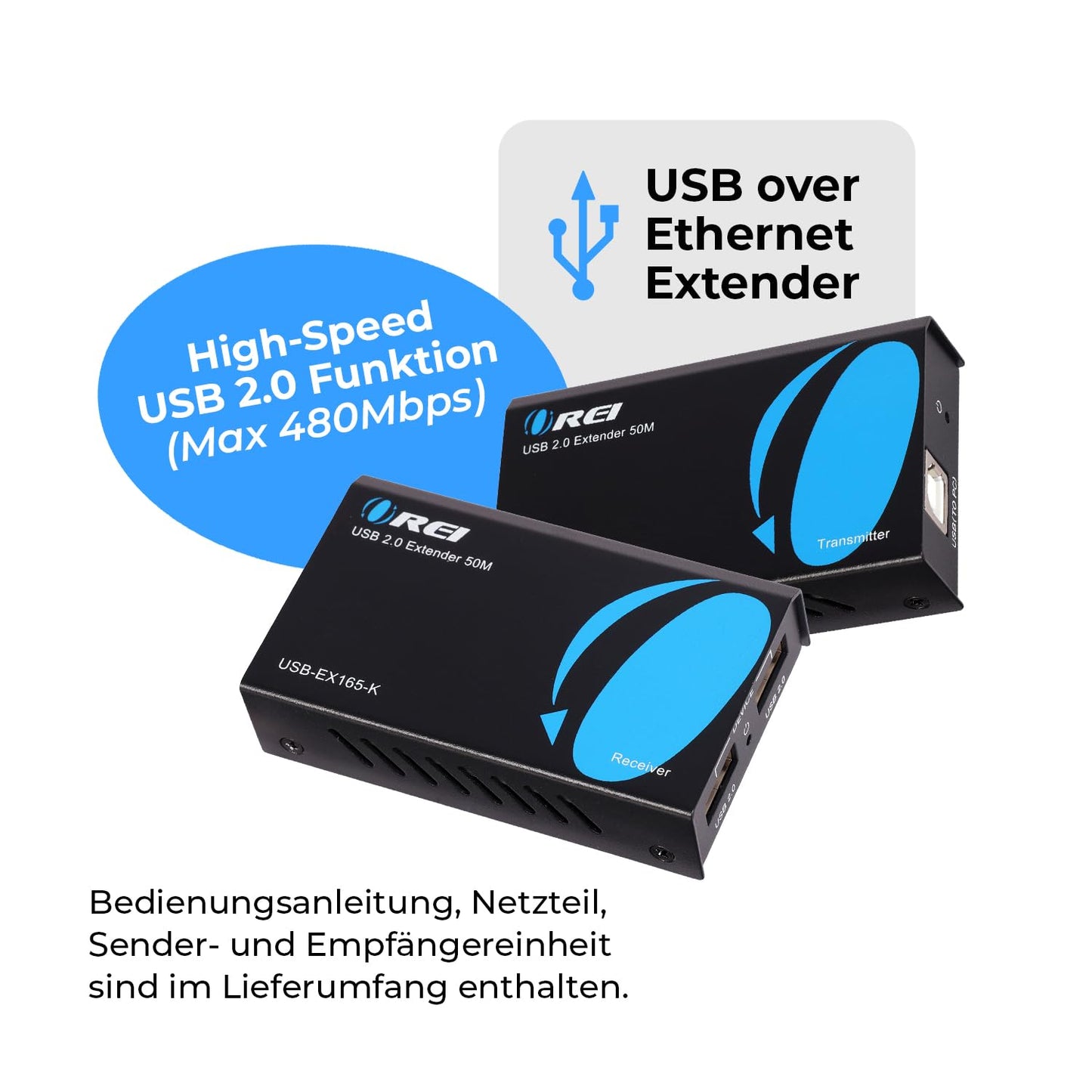 OREI USB Over Cat5e/6 Extender Upto 165 Feet - Extends USB 2.0 Signal Over LAN Ethernet with 2 Ports - Power Over Cable for Long Distance Extension Supports All Operating System (USB-EX165-K)