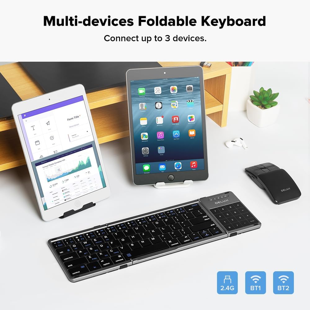 DeLUX Foldable Keyboard with Touchpad and Numeric Keypad, 2.4G Wireless and Bluetooth, Rechargeable Portable Travel Folding Keyboard with PU Leather, for iOS Android Windows Tablet (KF18)