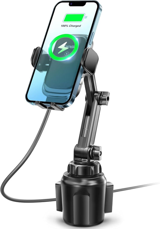 TOPGO [Upgraded Cup Phone Mount Wireless Charger, Universal Cell Phone Holder Car Charger Wireless Charger Cup Phone Holder Fast Charging for iPhone16 Pro Max, Samsung Galaxy - Black