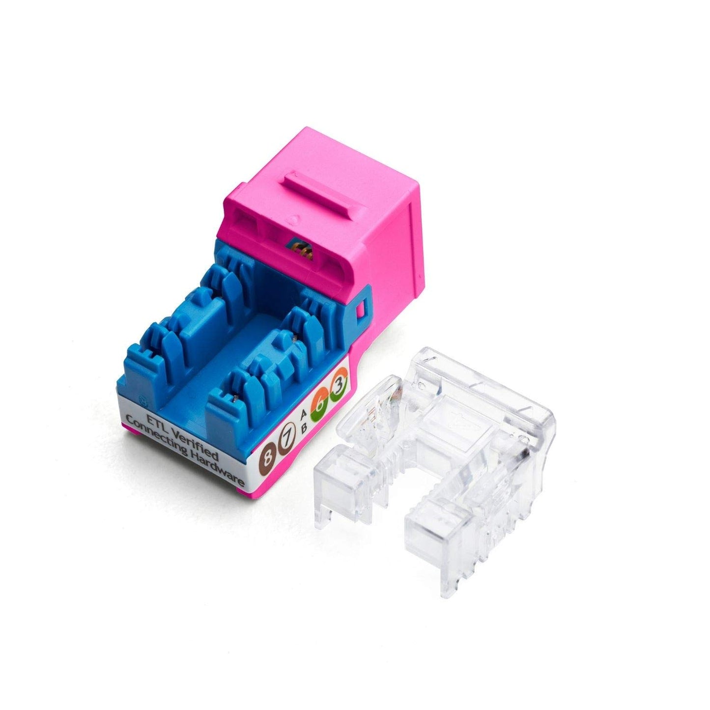 TRUE CABLE Cat6A Keystone Jack, 90 Degree Punch-Down, PoE++, 48 Pack, Pink, 328 Feet, 8P8C, UTP, 23/24 AWG, Compatible with Router, Switch, Computer, IP Camera, Indoor Use, Ethernet Cable Connectors