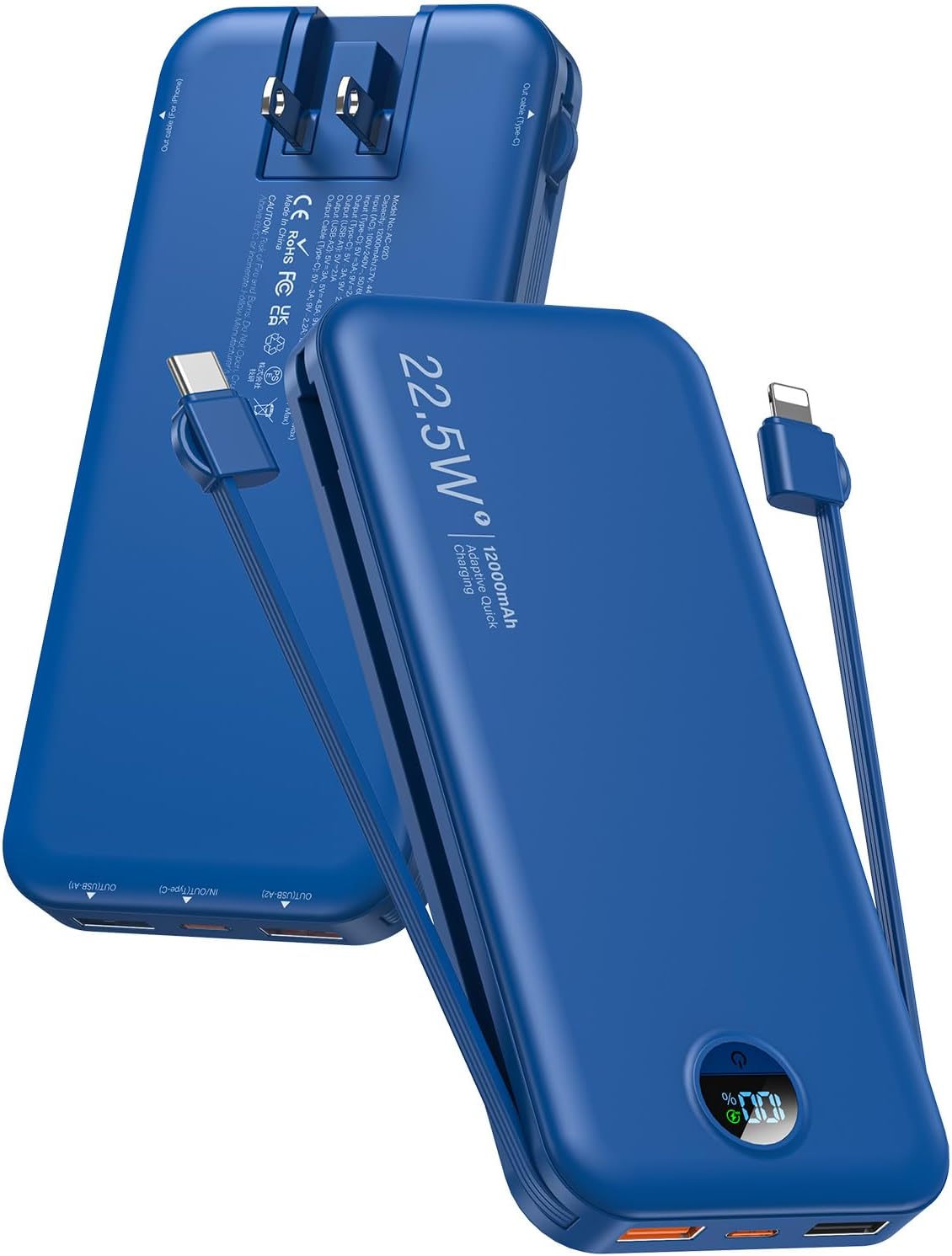 Portable Charger, 12000mAh 22.5W USB C Power Bank Fast Charging with Built-in Cables & Wall Plug, 5-in-1 External Battery Pack with LED Display, Perfect Backup Charger for iPhone, iPad, Samsung Navy