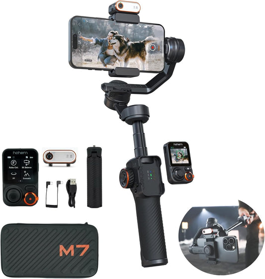 Hohem iSteady M7 Gimbal Stabilizer for Smartphone, 3-Axis Phone Gimbal, Gimbal Stabilizer for iPhone & Android, AI Tracking Sensor with Fill Light, 1.4" Detachable Touchscreen Remote Control
