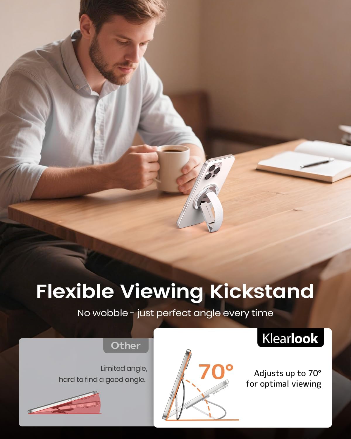 2025 Klearlook for MagSafe Phone Grip with Silicone Finger Strap, Removable Magnetic Phone Ring Holder with Adjustable Kickstand, Finger Phone Ring Grip for iPhone 16/15/14/13/12 Series, White