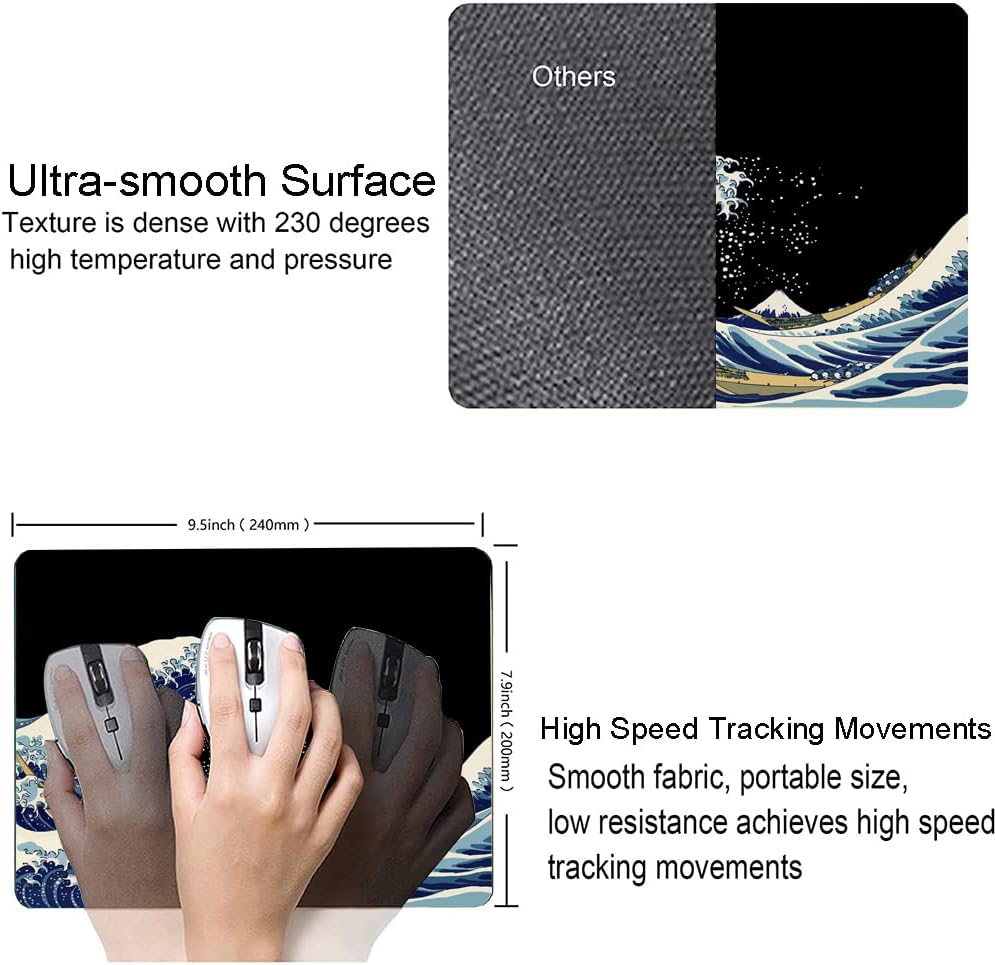 Mouse Pad, Japanese Sea Wave Design Mouse Pad, Washable Square Cloth Mousepad for Gaming Office Laptop, Non-Slip Rubber Computer Mouse Pads for Wireless Mouse, Cool Mouse Pads for Desk