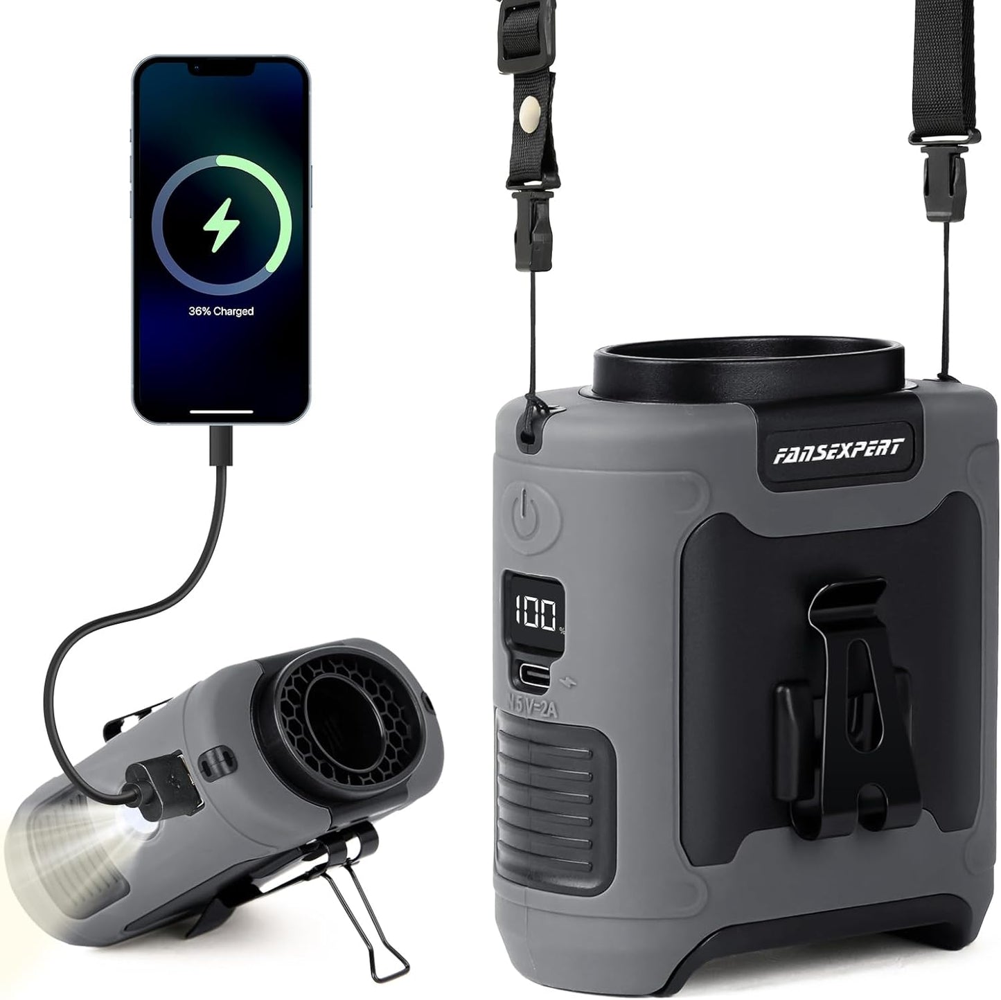 Portable Waist Fan Clip on, Personal Wearable Belt Fan 10000mAh Rechargeable Battery Under Shirt,5 Speeds with light, Neck Fan Hands-Free Cooling For Outdoor Camping Travel (Grey)