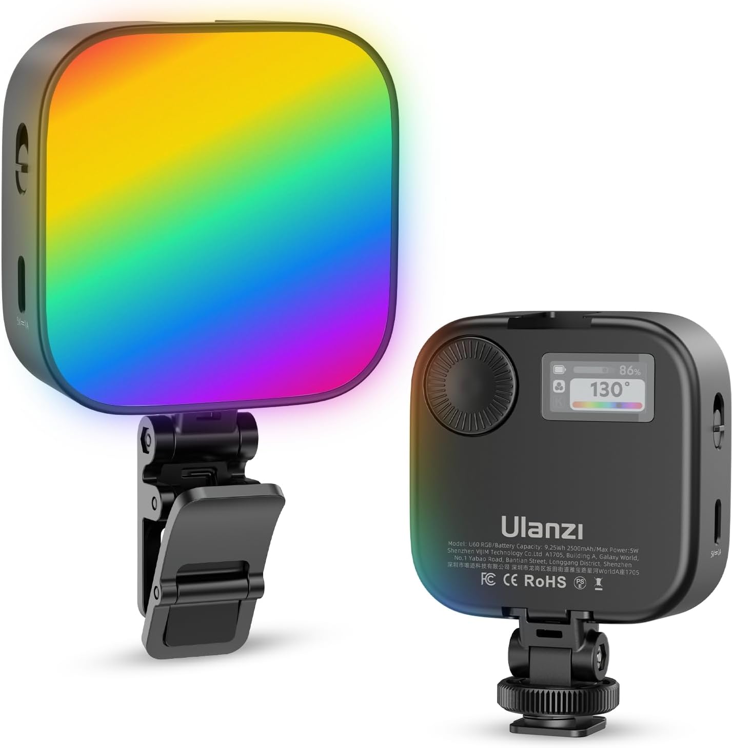 ULANZI U60 RGB Video Lights Black LED Camera Light 360° Full Color Portable Photography Lighting w Quick Release Cold Shoe Adapter and Clip, 2500mAh Rechargeable CRI 95+ 2500-9000K Dimmable Panel Lamp