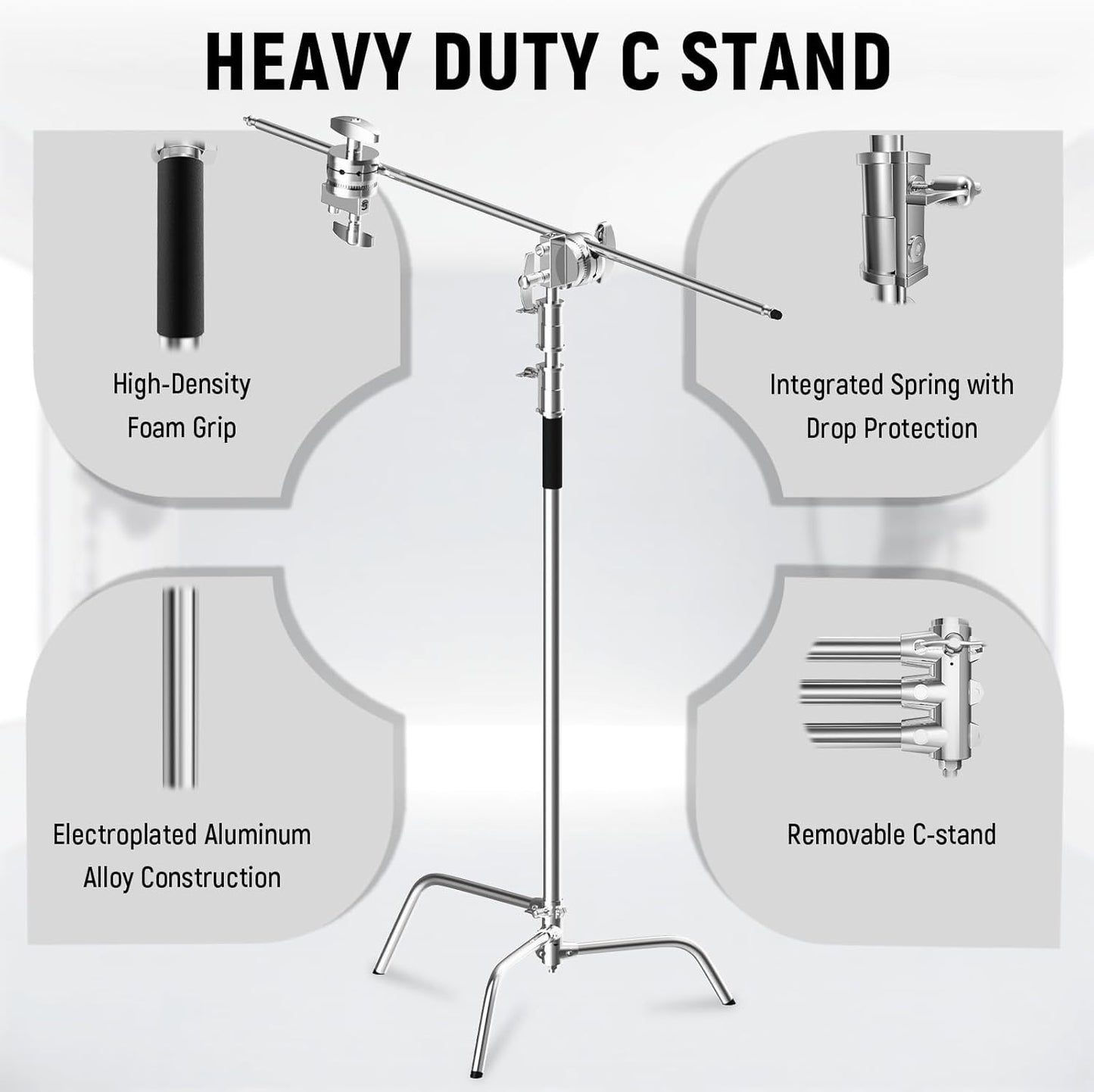 C Stand with Boom Arm Professional Heavy Duty Light Stand with 10.8ft Vertical Pole, C-Stand with 4.2ft Boom Arm, Adjustable Base for Studio Equipment