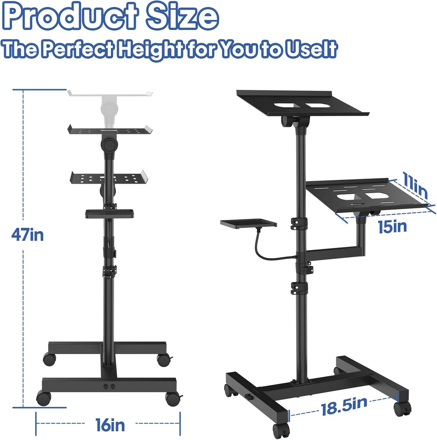 2 Shelves Mobile Projector Stand, Rolling Laptop Stand Adjustable Height to 47 Inches, Podium Stands with Ventilated Tray, Heavy Duty, Laptop Floor Stand for Office, Home, Stage, DJ