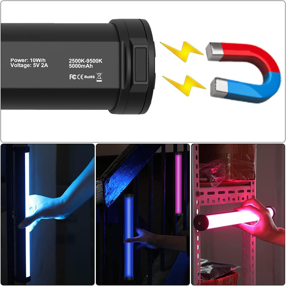 RGB Photography Light Wand Stick, 360° Full Color Portable LED Lighting Wand Handheld 5000mAh Rechargeable Battery & Magnet with 27"-80" Tripod Stand-2 Pack