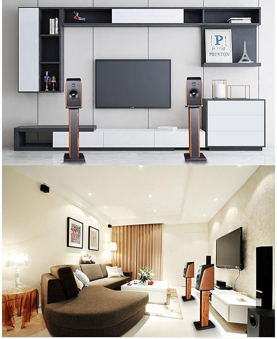 Speaker Stands Wood Grain Universal Floor Speaker Stands 24 Inch Floor Stand Mount Heavy Duty Surround Sound Speaker Stands for Home Theater with Sand Filling Tuning Function- 1 Pair