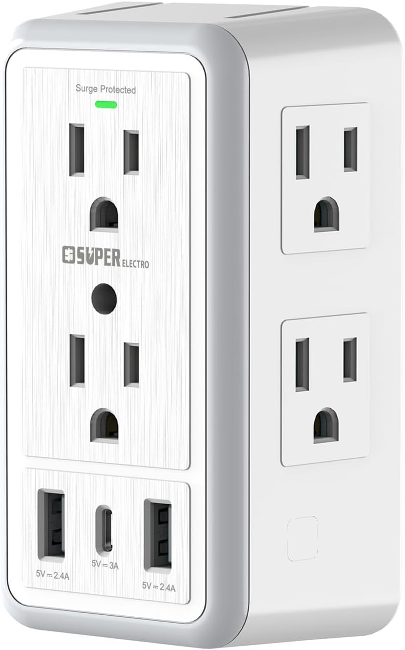 USB Wall Charger Surge Protector, Super Electro 6 Outlet Extender with 3 USB Charging Ports (5V 3.4A Total) and Night Light, 3-Sided 1500J Multi Plug Wall Outlet for Home, Office, ETL Listed