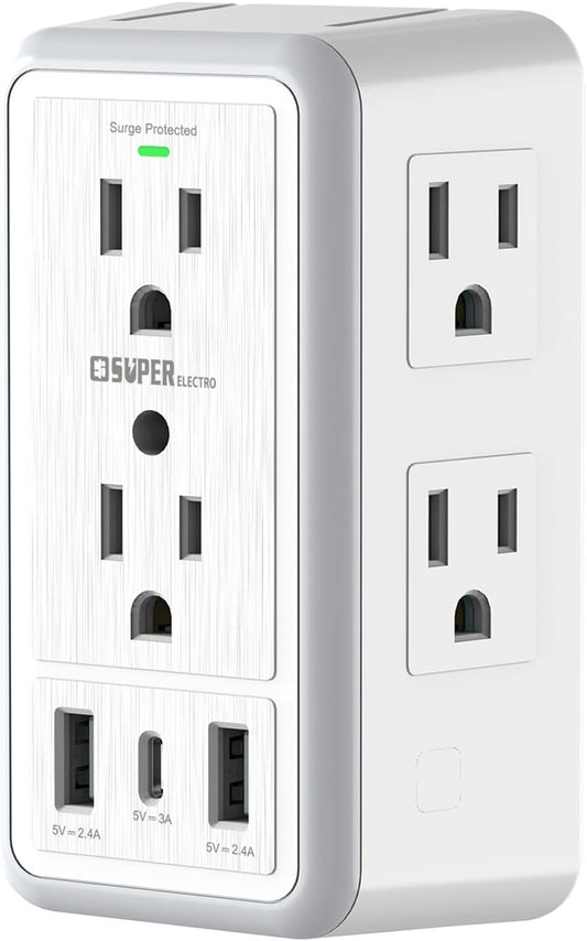 USB Wall Charger Surge Protector, Super Electro 6 Outlet Extender with 3 USB Charging Ports (5V 3.4A Total) and Night Light, 3-Sided 1500J Multi Plug Wall Outlet for Home, Office, ETL Listed