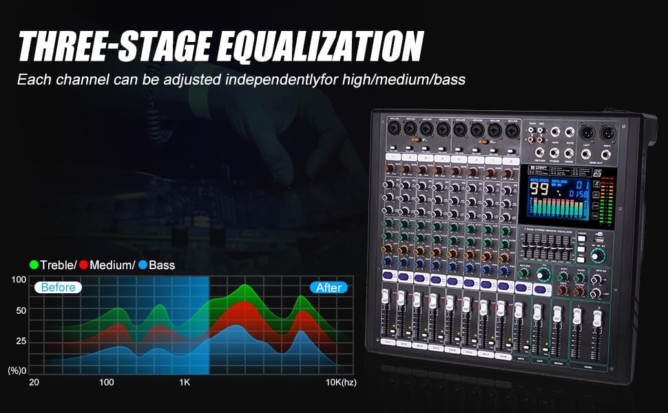 GF12 Multifunction 12 Channel Audio Mixer Stage Performance Mixer Isolated Independent Mute Built-in 7 Level Equalizer and 99 Reverb DJ Mixer for Stage Performance/Karaoke/DJ Music
