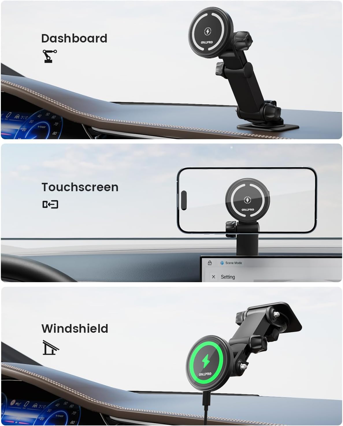 OHLPRO for MagSafe Car Mount for iPhone 16 15 14 Pro Max, 15W Fast Charging Phone Holder, Magnetic Car Charger Accessories, 360° Rotation, Adhesive Base for Tesla, Gift for Men Women, Black