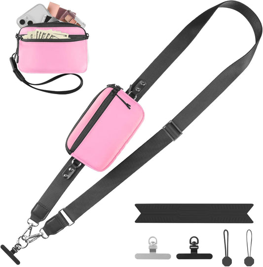 Clip and Go Strap for Phone with Wallet Crossbody, Adjustable Phone Lanyard with Detachable RFID Wristlet Wallet & Ultra-Thin 360° Rotatable Metal Tabs for All Smartphones (Pink)