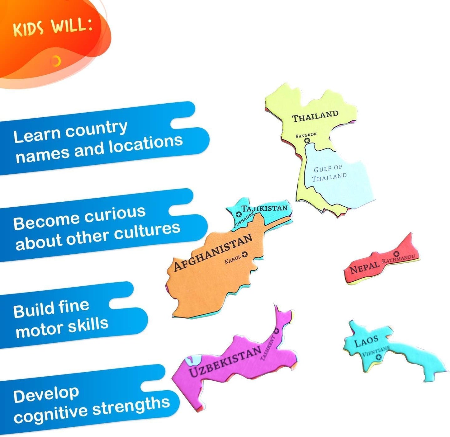 GeoToys GeoPuzzle, Asia Shaped Jigsaw Puzzles, 50 Pc Geography Puzzle, Geography Game & Map Puzzle, Jigsaw Puzzles for Kids Ages 6-9 Years Old