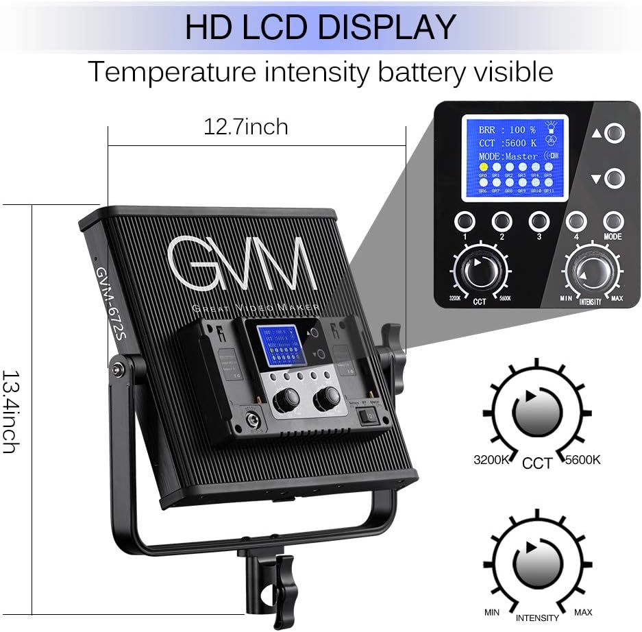 LED Video Light GVM 672S CRI97+ TLCI97+ 22000lux Dimmable Bi-color 3200K-5600K Light Panel With Digital Display For Outdoor Interview Studio Video Making Photography Lighting 3 pcs Kit
