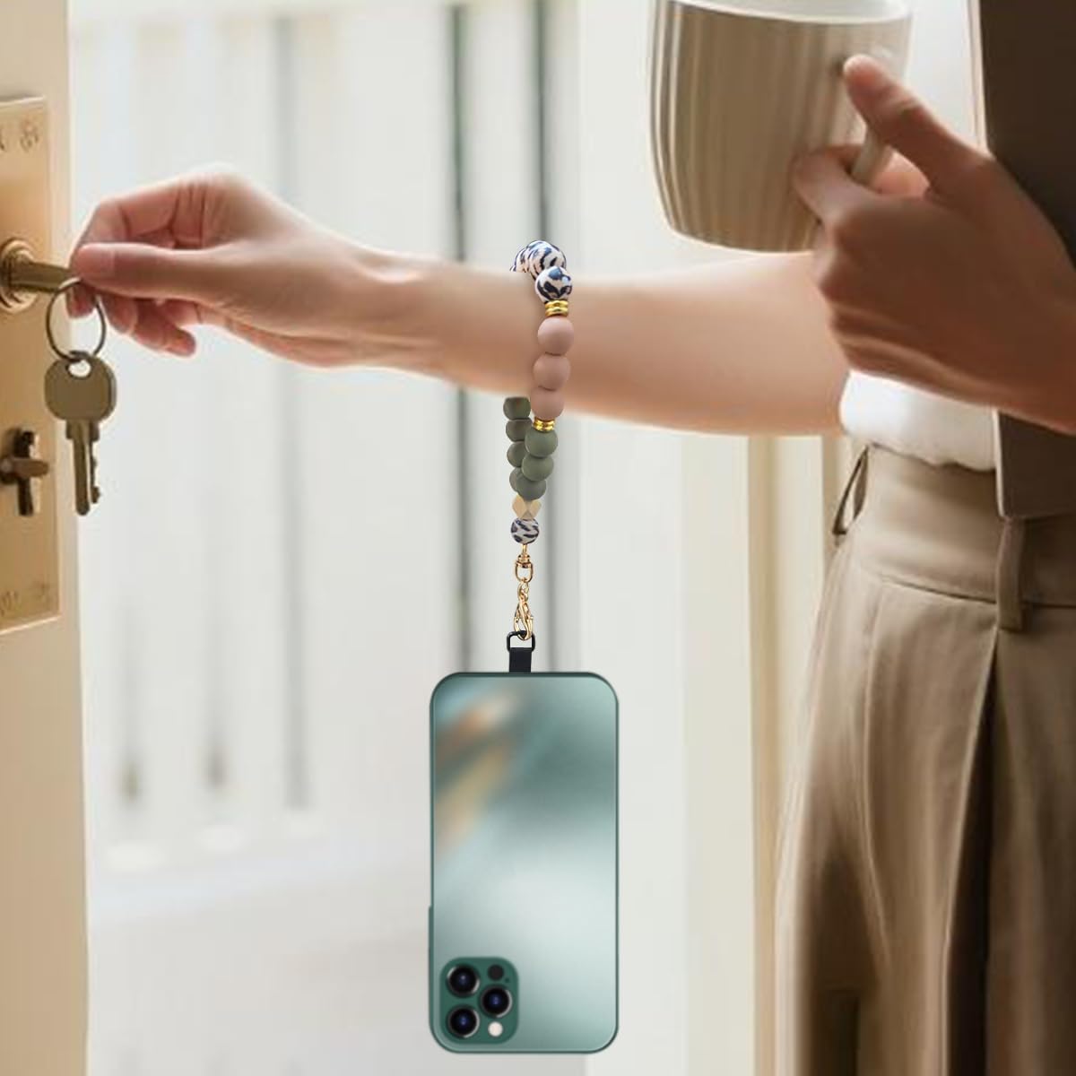 Marble Silicone Beaded Phone Wrist Strap, Cellphone Lanyard with Tether Tab, Elastic Hands-Free Wristlet Bracelet