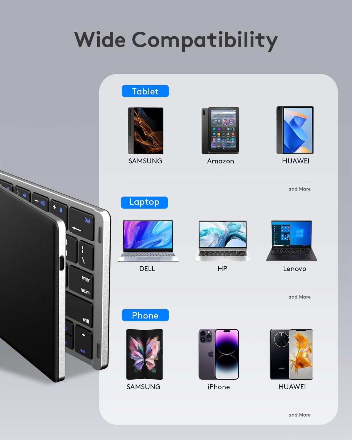 Samsers Foldable Bluetooth Keyboard - Portable Wireless Keyboard with Stand Holder, Rechargeable Full Size Ultra Slim Folding Keyboards Compatible IOS Android Windows Smartphone Tablet & Laptop-Silver