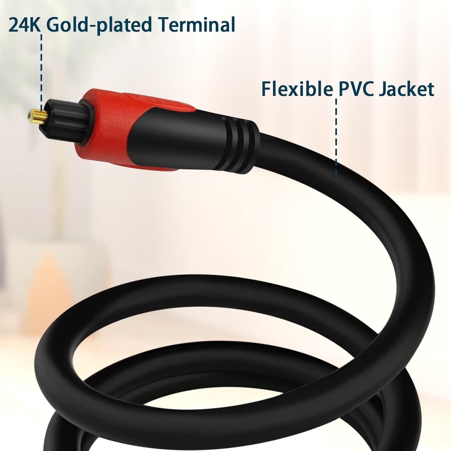 Optical Audio Cable 6.6FT/2M, Digital Audio Fiber Optic Cable Toslink, Flexible Jacket, Compatible with Home Theater, Sound Bar, PS4, Xbox, TV and More