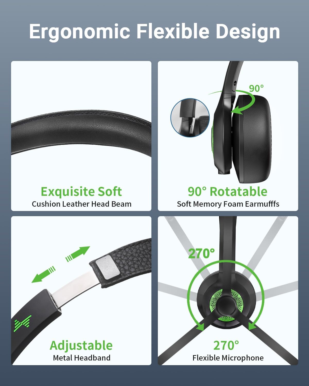 Wireless Headset with AI Noise Cancelling Microphone Bluetooth Headset - Bluetooth V5.2 Headphones with USB Dongle, Charging Base & Mic Mute for Computer/Laptop/PC/iPhone/Android/Cell Phones-Green