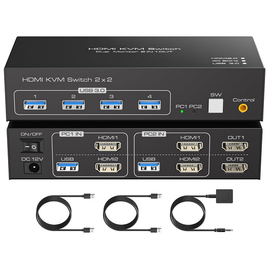 HDMI KVM Switch 2 Monitors 2 Computers 4K60Hz Dual Monitor KVM Switches for Dual PC or Laptops Share 1 Set of Keyboard Mouse Printer Wired Controller and 12V 1A DC Adapter Included