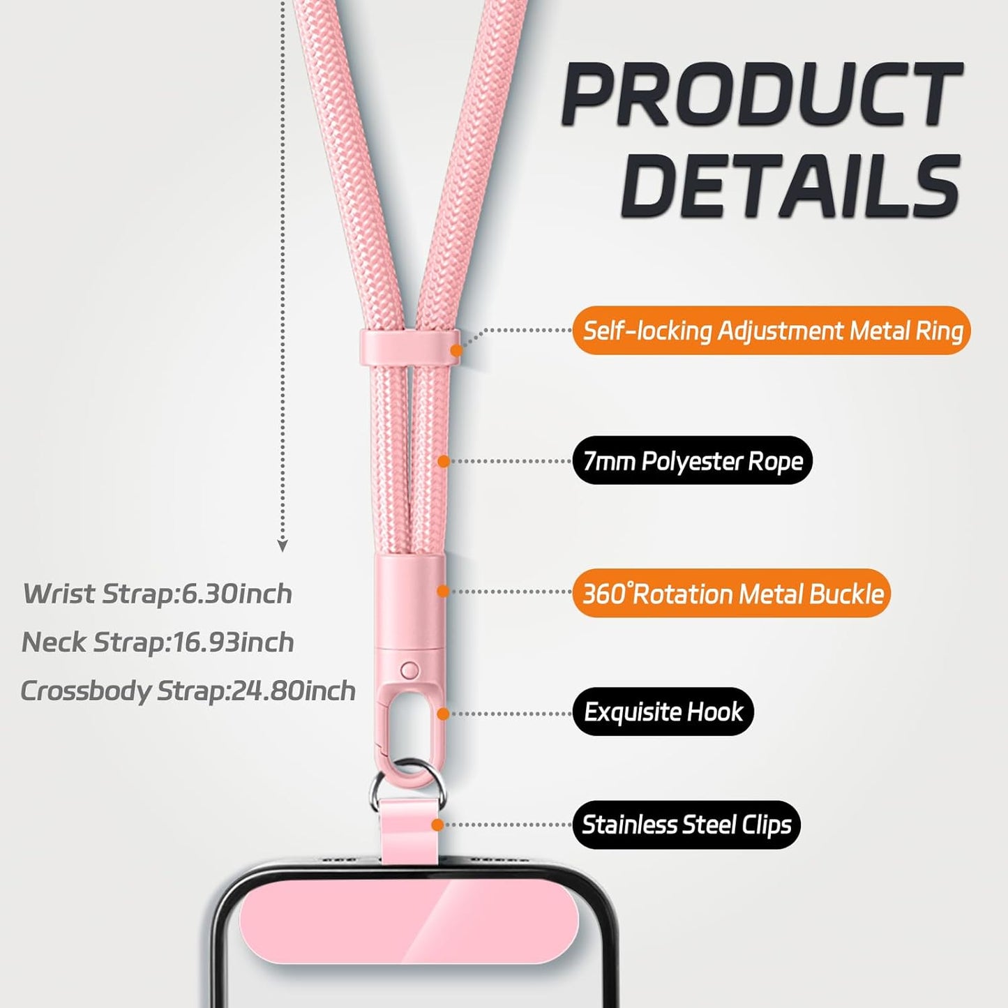 3 Pack Phone Lanyard,1×Phone crossbody strap,1×Phone Neck Strap,1×Wrist Strap,3×Tether Tabs,Universal Cell Phone Multifuctional Patch Polyester Lanyards(Pink)