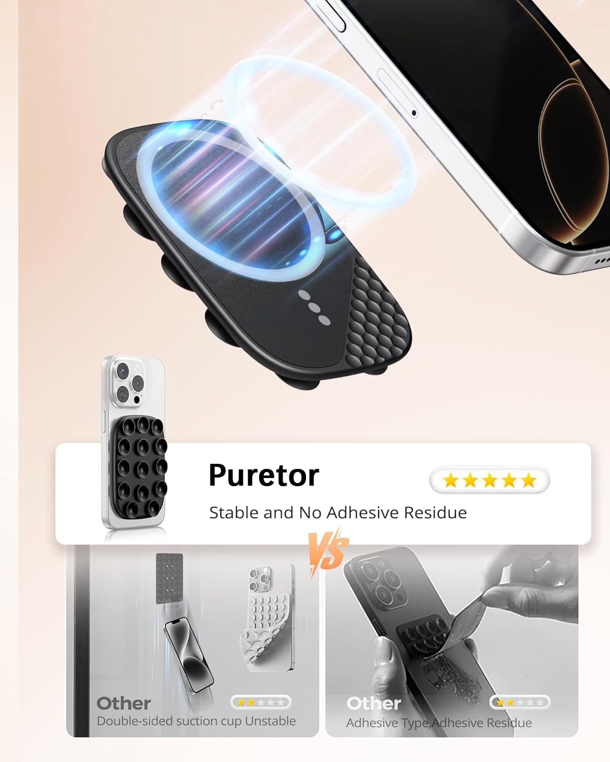 Magnetic Phone Suction Grip, Shower Phone Holder for MagSafe, Octo Phone Sticky Buddy Suction Grip for iPhone 16 15 14 13 12, Birthday Christmas for Women Black