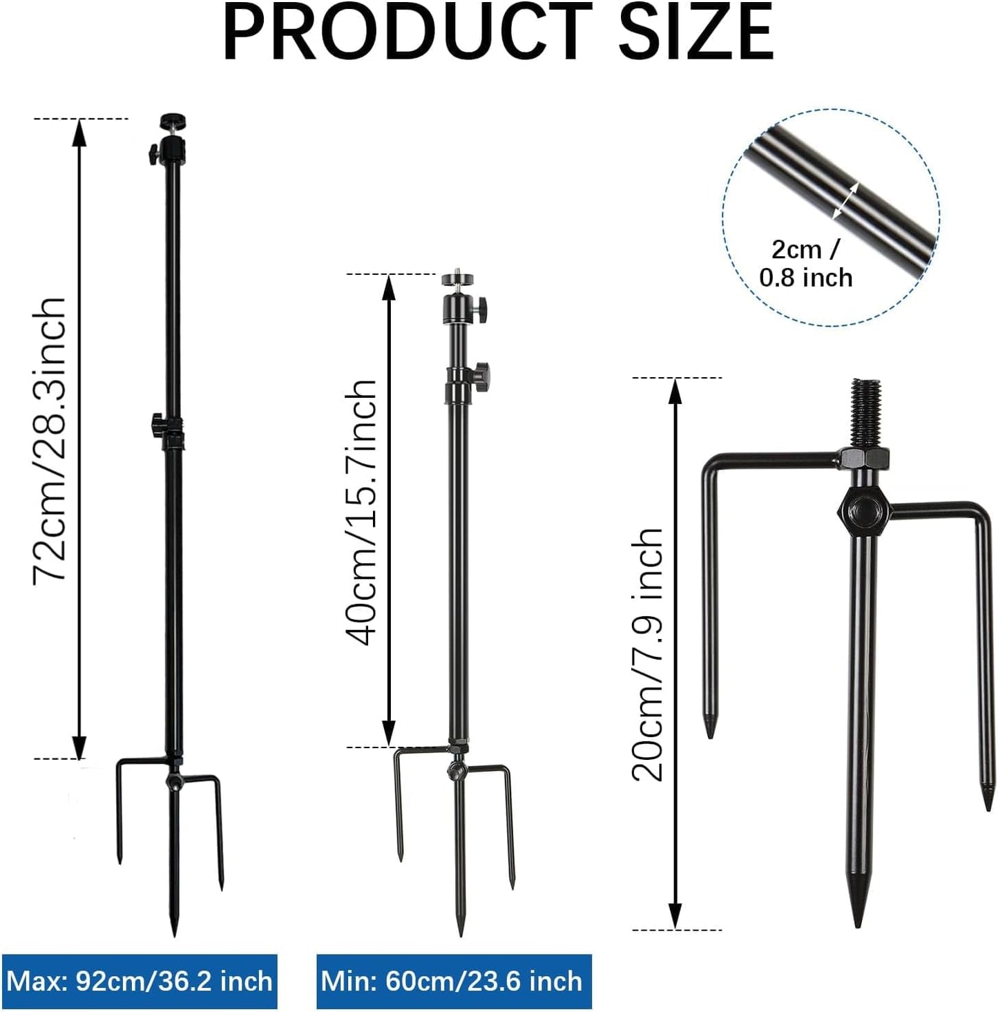 Trail Camera Mount,Height Adjustable (15.7"-28.3") & 360° Rotating Stake,Dual-Mode Base for Soft/Hard Ground Post,Game Cam Stand with 1/4"-20 Thread, Metal pole for Solar Panels,Hunting,Wildlife.3Pcs