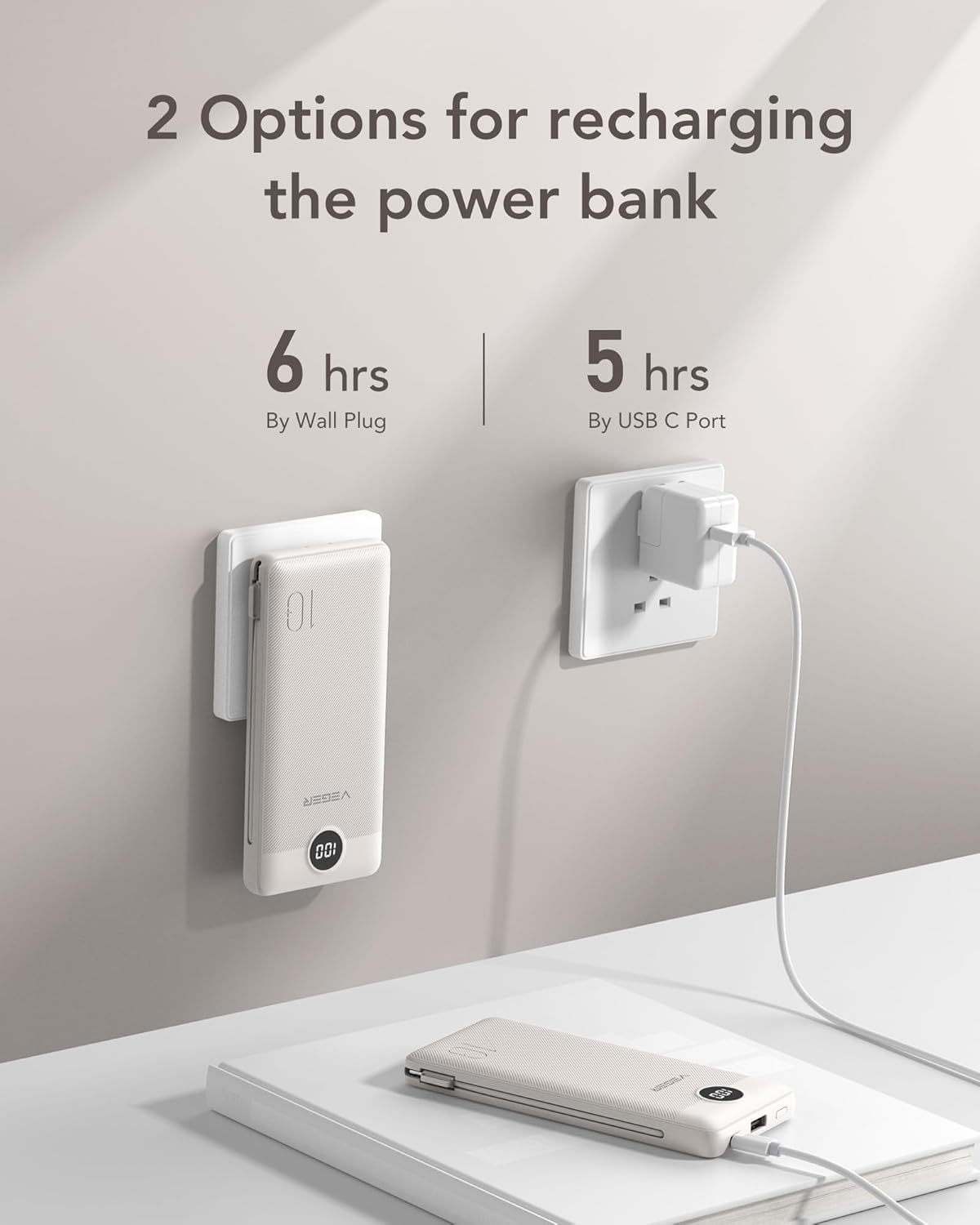 VEGER Portable Charger for iPhone with Built in Cables and Wall Plug, 10000mah Slim Fast Charging USB C Power Bank, Travel Essential Battery Pack Compatible with iPhone, iPad, Samsung etc(Coffee)