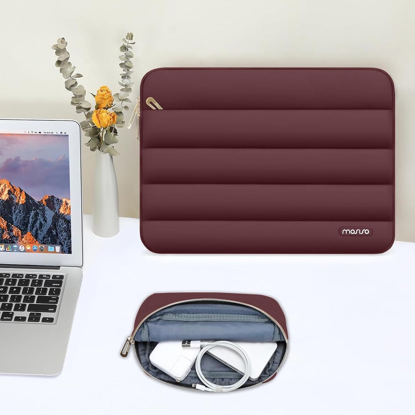 MOSISO 15-15.6 inch Laptop Case, 16 inch Puffy Laptop Sleeve Compatible with MacBook Pro 16, HP Dell ASUS Acer Toshiba Lenovo Notebook Computer, Polyester Horizontal Bag with Small Case, Wine Red
