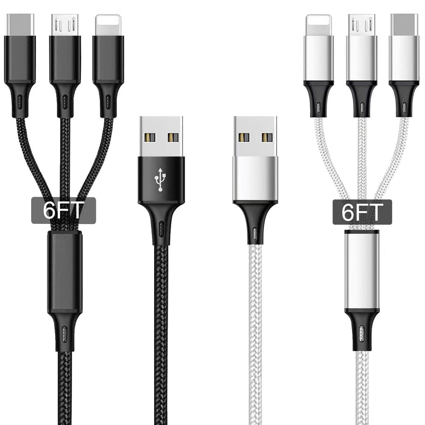 Multi USB Charging Cable 3A, (2Pack 6.6FT)3 in 1 Fast Charger Cord Connector with Dual Phone/Type C/Micro USB Port Adapter, Compatible with Tablets Phone 12 11 Pro 8 7 6 Samsung Galaxy(Charging Only)