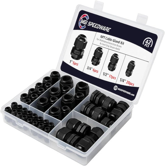 MGI SpeedWare 42 pcs NPT Strain Relief Nylon Cord Grip Cable Glands Assorted Kit, Black Plastic Grommet 1/4" 1/2" 3/4" and 1"