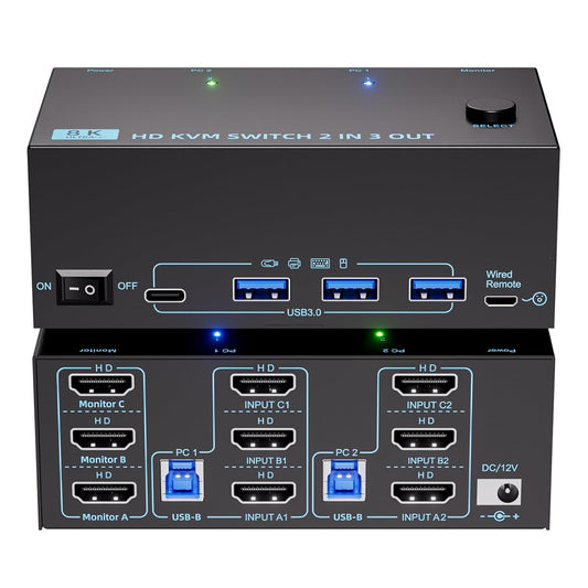KVM Switch 3 Monitors 2 Computers 8K@60Hz/4K@120Hz, HDMI KVM Switches for 2 PC Sharing Triple Monitor and Keyboard Mouse with Power Adapter, Wired Extend Controller and USB3.0 Cables