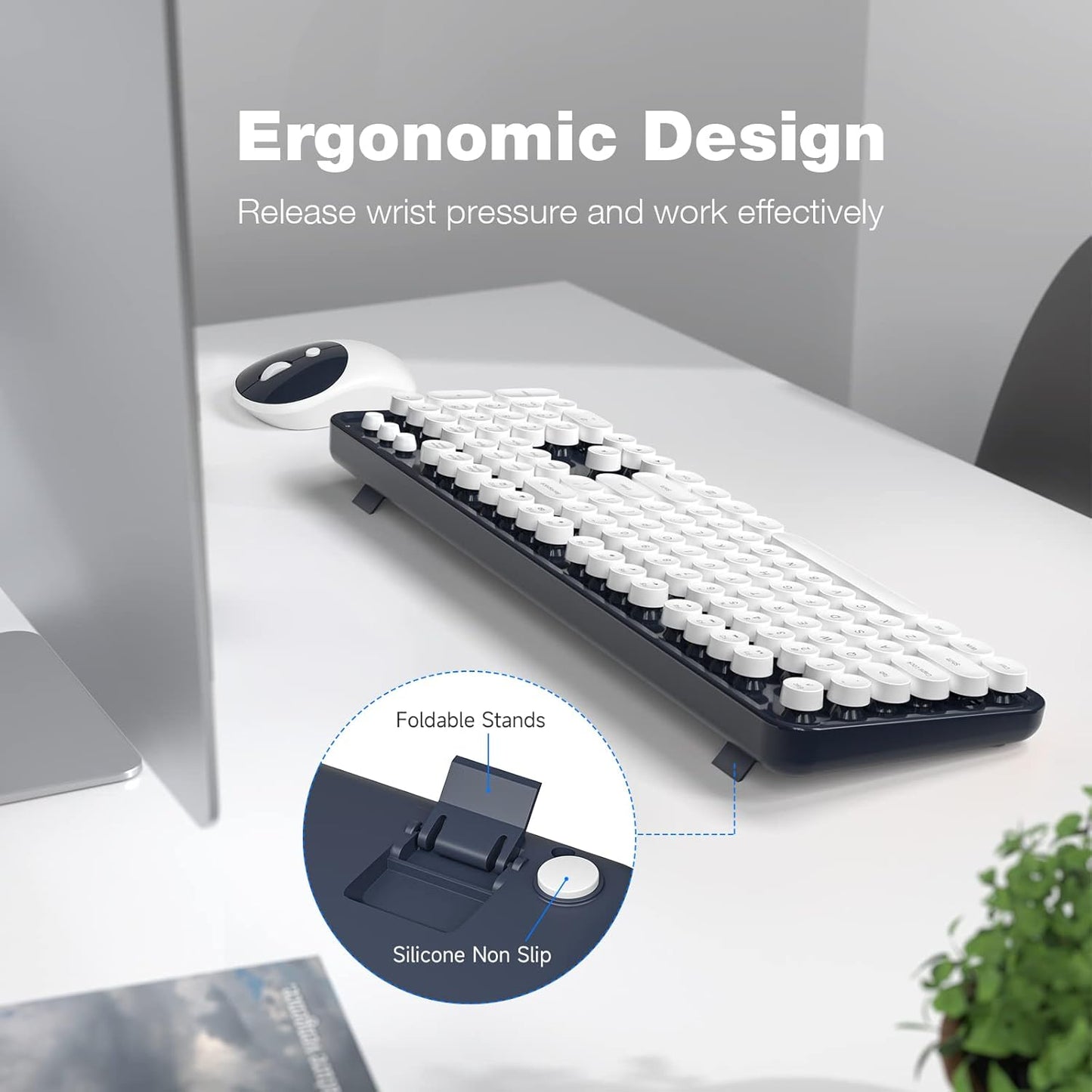 KNOWSQT Wireless Keyboard and Mouse Combo - White-DarkBlue Full-Sized 2.4 GHz 104 Keys Typewriter Keyboard, Flexible Round Keycap and Optical Mouse for Windows, Computer, PC, Laptop, Desktop
