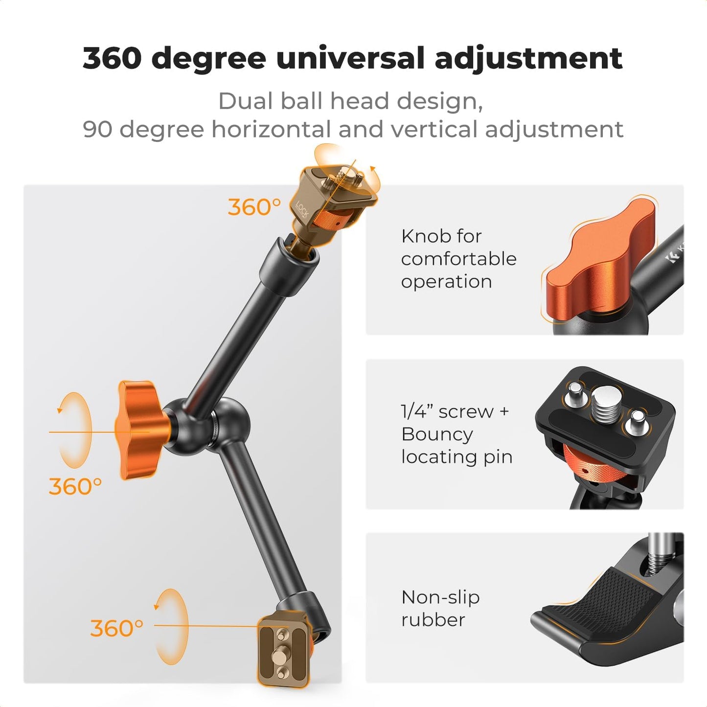 K&F CONCEPT 11" Magic Arm 1/4" Screw 360° Ball Heads Articulating Friction Camera Arm Mount for Monitor, LED Light, Webcam, Microphone, Camera Cage