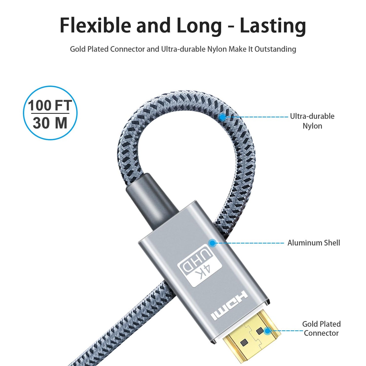 LEADSTAR HDMI Cable 4K 100 ft Fiber Optic, 4K 60Hz 18Gbps High Speed HDMI 2.0 Cord Braided | Ultra HD, HDR10, 1080p, eARC, 3D, HDCP 2.2 | for Xbox, PS5, TV, Laptop, Monitor