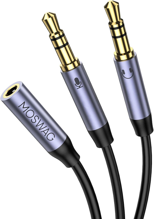 MOSWAG Headphone Splitter for Computer, 3.5mm Female to Dual 3.5mm Male Cable for PC Gaming, Headphone Mic Splitter for PC 24K Gold-Plated with Noise Cancellation for Laptop/Speakers/Mic【11inch/28cm】