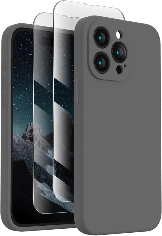 FireNova Designed for iPhone 15 Pro Case, Silicone Upgraded [Camera Protection] Phone Case with [2 Screen Protectors], Soft Anti-Scratch Microfiber Lining Inside, 6.1 inch, Space Gray
